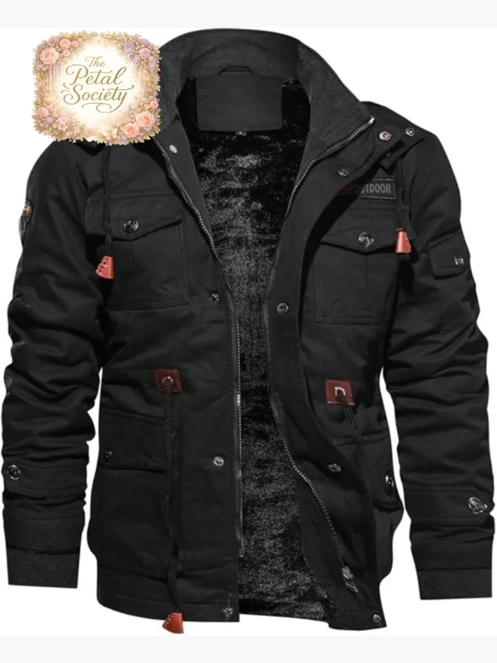Men's Fleece Lined Military Jacket with Hood, 8 Pockets, Windproof Work Coat